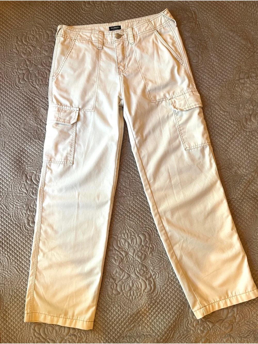 True Religion Men’s Off-White Cargo Pants - Utility Pocket Detail